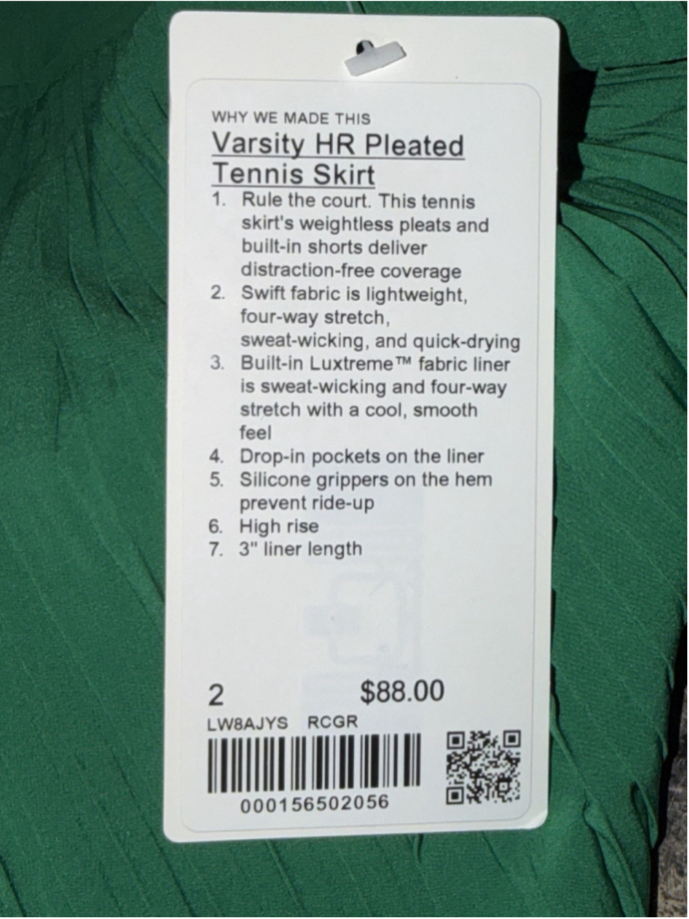 LULULEMON REPLEAT HR TENNIS SKIRT/SKORT RACEWAY GREEN SIZE 2 - Picture 6 of 7